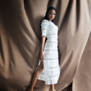Elegant White Crochet Lace Midi Dress with Slit